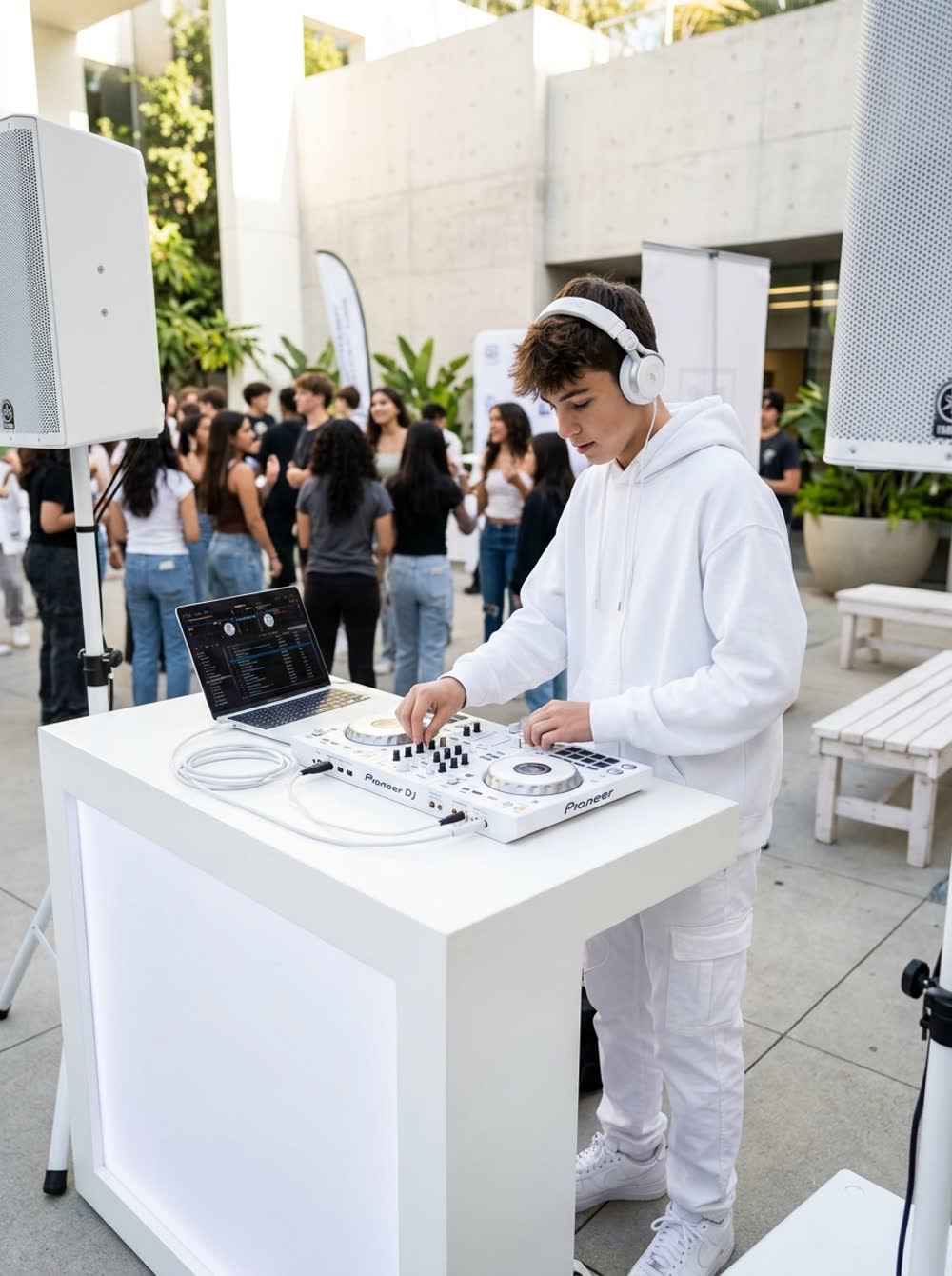 Jovem DJ em uma cabine branca tocando para um público ao ar livre, com notebook e controladora