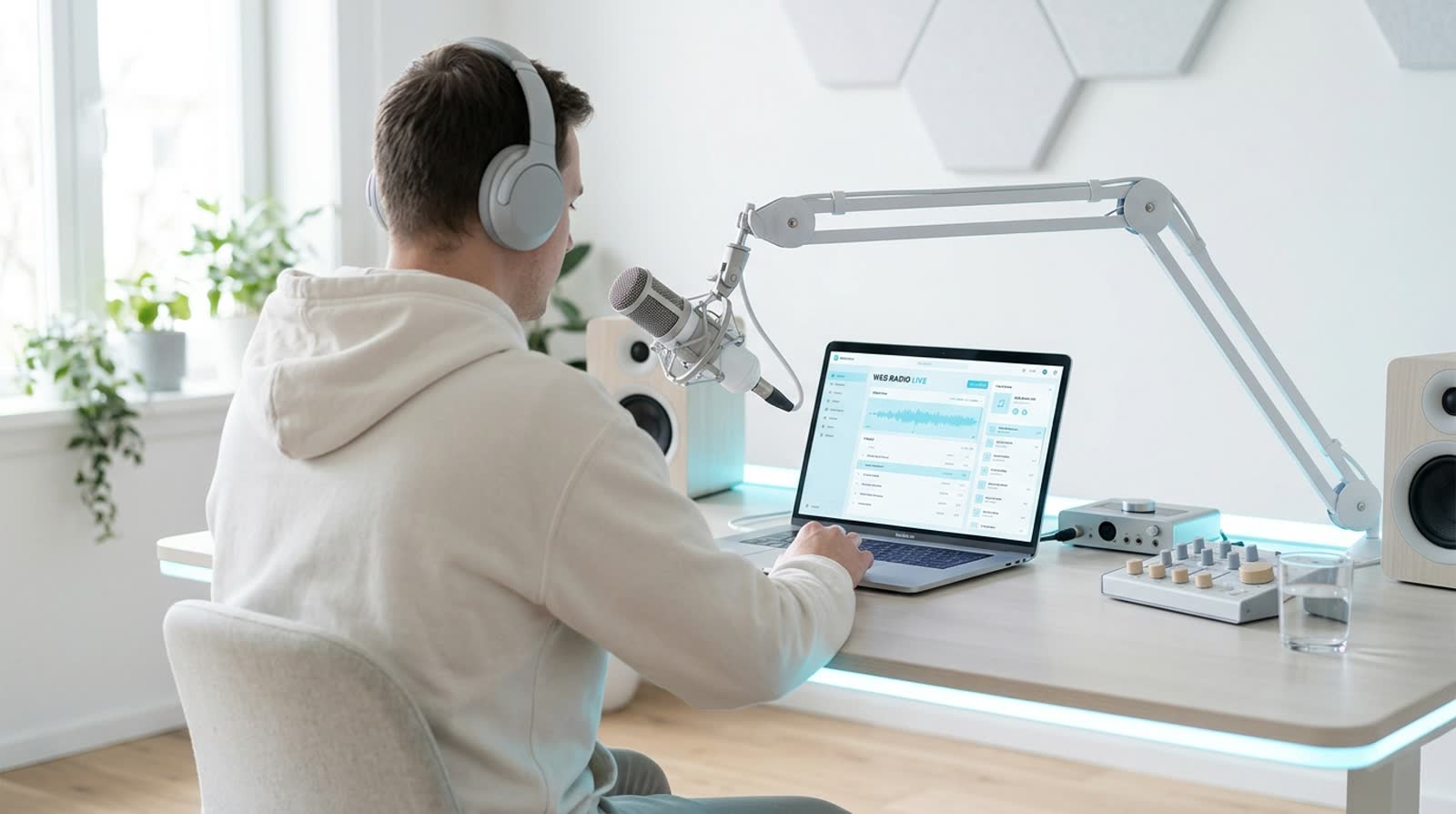 Locutor em estúdio caseiro com microfone de braço, monitores e o painel da rádio no notebook