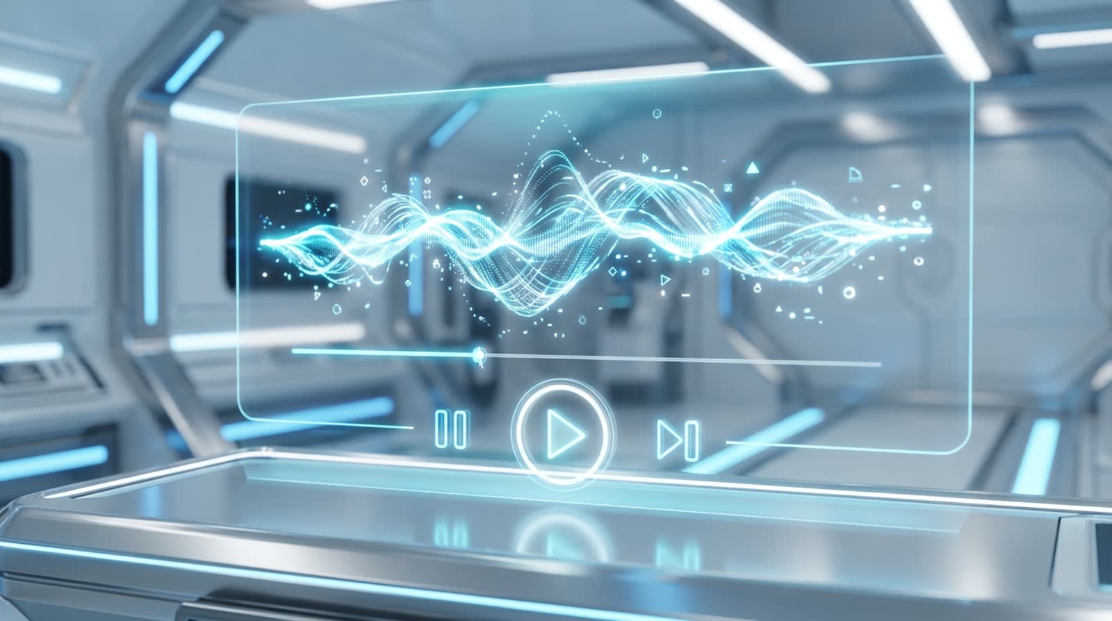 Onda de áudio projetada em um painel translúcido, com controles de reprodução