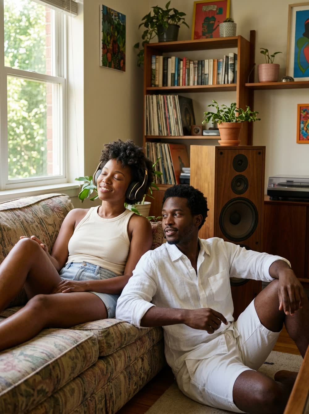 Casal em casa ouvindo música na sala, com caixas de som e discos ao fundo