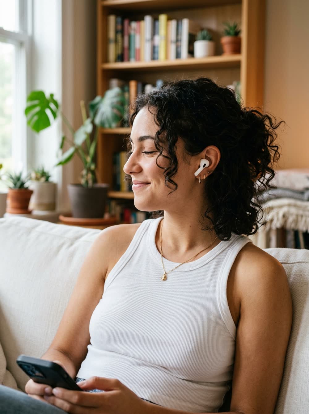 Mulher sorrindo no sofá ouvindo música com fone sem fio e o celular na mão