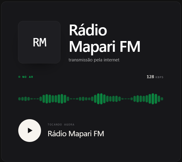 A página que cada rádio ganha: identidade da emissora, indicador de no ar, o áudio desenhado ao vivo e o botão de tocar